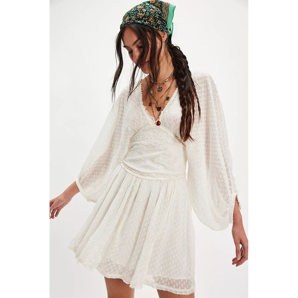 Free People Sweet Dreams Mini Dress Floral Embroidered Smocked Lace L 285417